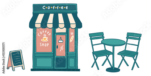 cafe front building and cafe chair illustration - cute style