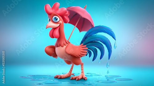 Playful Cartoon Rooster with Umbrella in Rainy Scene