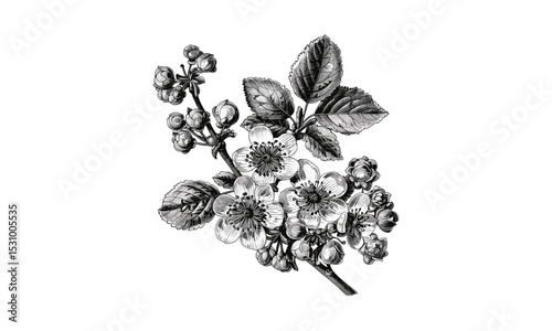 Crataegus Oxyacantha Engraving Flowering Branchlet Vintage Illustration, botanical art, floral design, nature print, hand-drawn illustration, fine art vector, tree branch vector illustration.