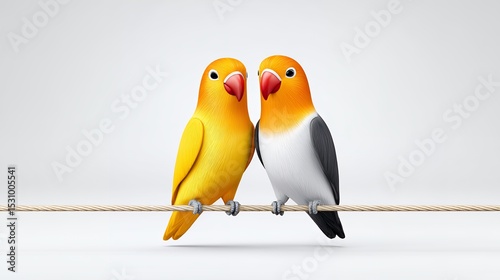 Two Lovebirds Perched on a Rope Against a White Background