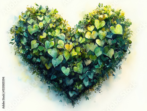 Green heart made of leaves symbolizes love and nature's beauty in creative design