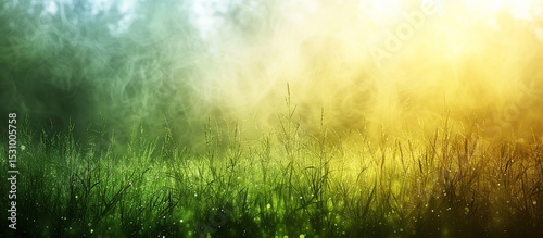 Misty sunrise over grassy field, trees in background