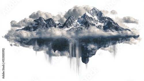 Dreamscape mountain range with upward flowing waterfalls into space on a white background