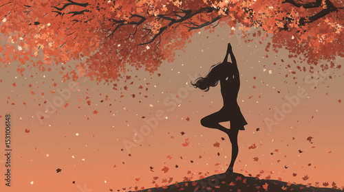  Female figure in tree pose surrounded by falling leaves, left third blank for copy.
