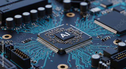 Close-up view of a circuit board with a central AI processor chip.