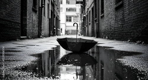 Melancholy Umbrella in a City Alleyway Puddle