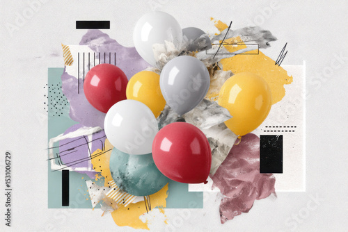 Colorful balloons floating over abstract geometric background with textures, patterns and paint splashes, festive and artistic design concept
