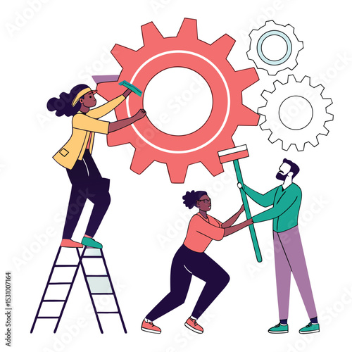 Business Improvement concept. Contemporary flat-style abstract vector illustration of a woman with a wrench troubleshooting work of a chart on the analytics report, isolated on a background