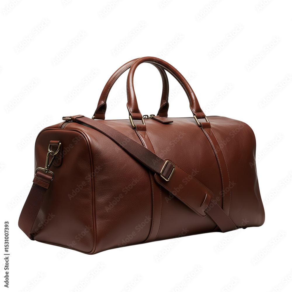 Brown leather duffel bag with shoulder strap isolated on transparent background Brown leather duffel bag with shoulder strap isolated on transparent background