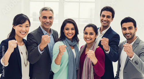 Diverse group of business people celebrates success with raised fists and smiles in a bright, modern office setting.