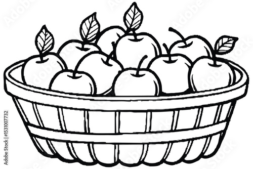 Black and white illustration of a full wicker basket overflowing with fresh apples with green leaves
