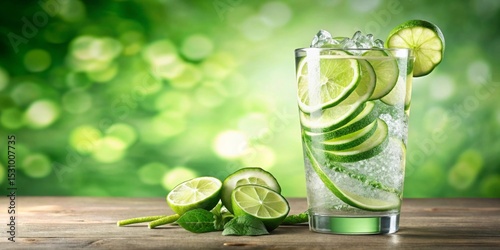 Refreshing Lime and Mint Beverage in a Glass on Wooden Surface with a Green Background