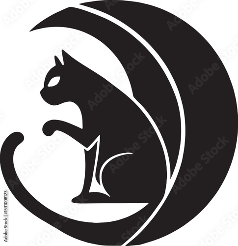 A bold black silhouette of a cat sitting in a thick crescent moon. This graphic makes a strong statement and suits Halloween, gothic, or magical art projects.