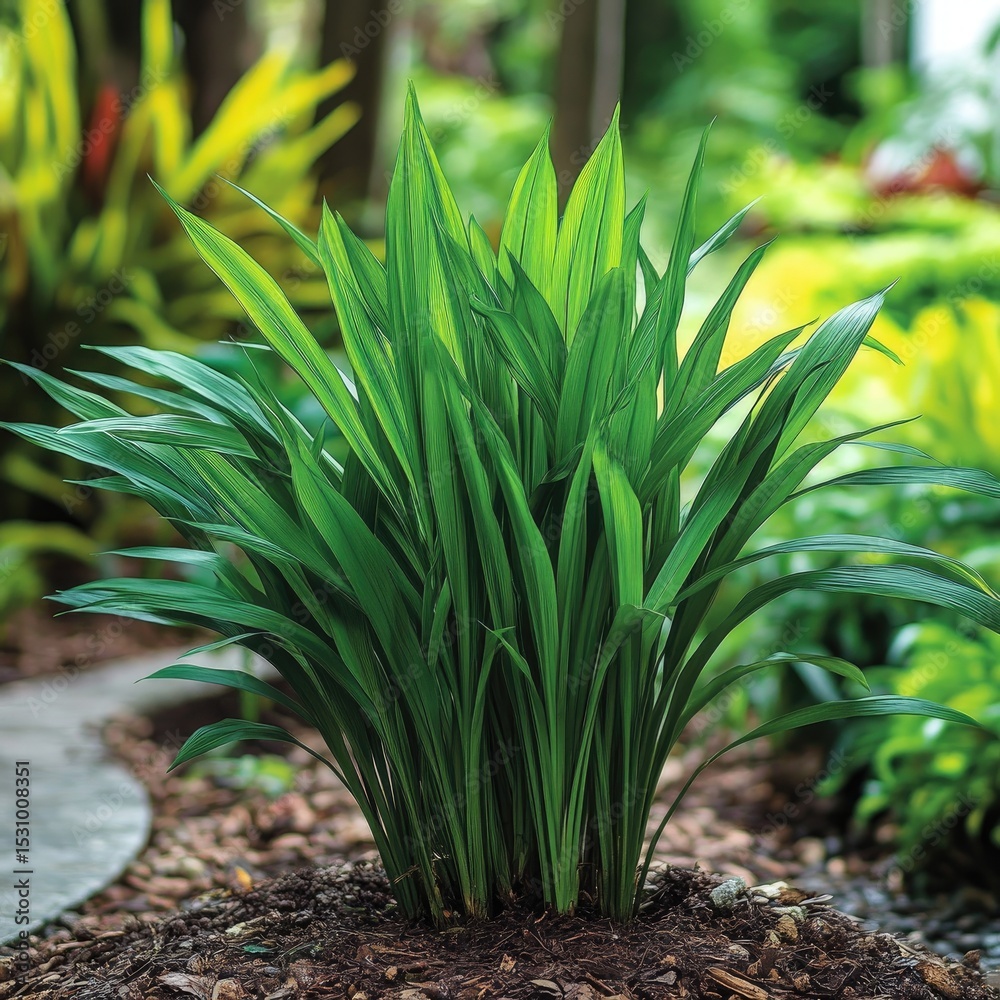Obraz premium Lush green plant with sword-shaped leaves in a garden setting