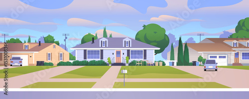 Safe area with private neighborhood houses. Sunny downtown street landscape. Flat vector illustration