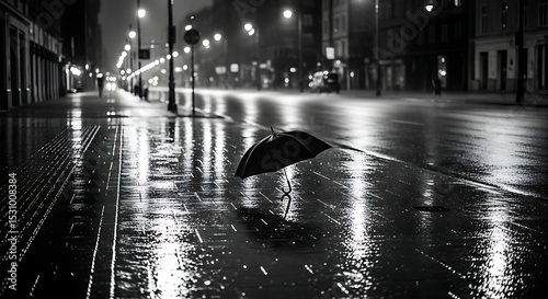 Solitary Umbrella on Wet City Street at Night in Black and White