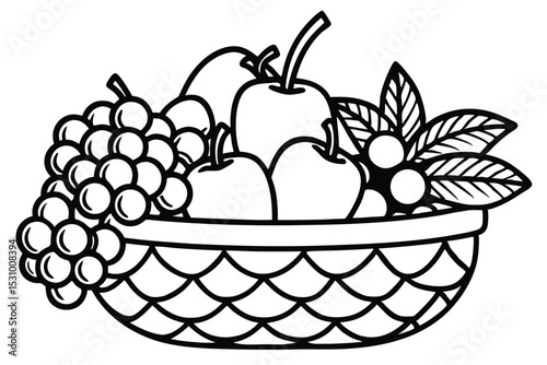 Black and white illustration of a fruit basket filled with grapes apples berries and leaves