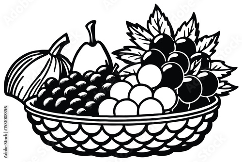 A black and white illustration of a harvest basket abundant with grapes pears and pumpkin elements