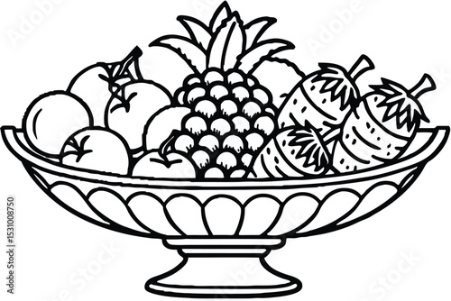 Elegant black and white illustration depicting a fruit bowl overflowing with apples strawberries and pineapple