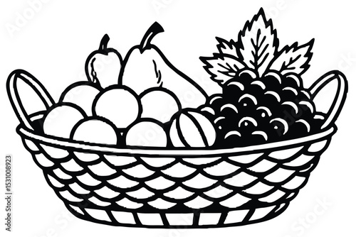A classic black and white illustration depicting a basket filled with various fresh fruits for harvest and health