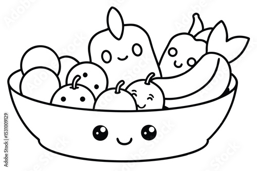 Adorable bowl of happy cartoon fruits and vegetables illustrated in black and white for coloring pages