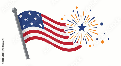 This high-quality vector image features a waving flag with a blue flag and five white stars, along with stylized fireworks with a blue star and orange explosions, on a white background.