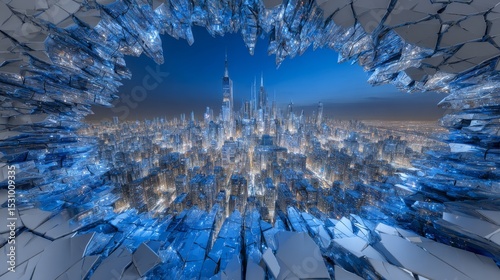 A profound crack divides the urban landscape, starkly cleaving the earth beneath a tranquil azure sky, underscoring the susceptibility of cities to seismic events