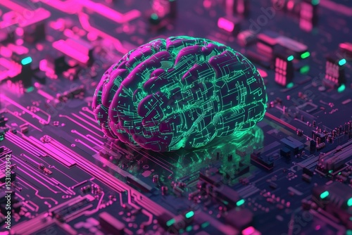 Digital brain on circuit board.