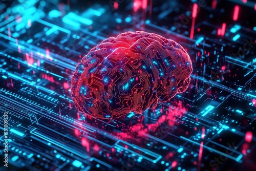 Abstract representation of a brain interwoven with a circuit board.