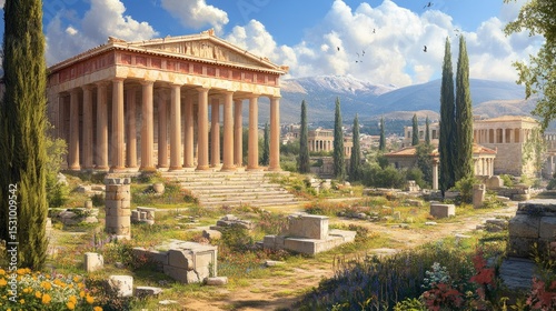 Ancient Greek Temple Amidst Ruins: A Digital Painting of Classical Architecture and Serenity