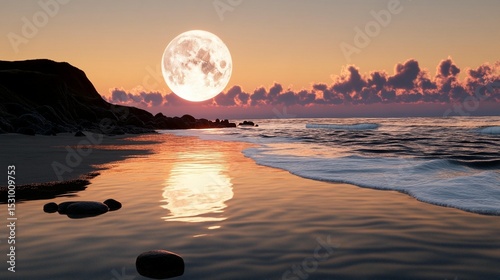 Sunset Ocean Moonrise Beachscape
