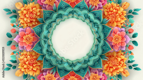 Vibrant mandala centerpiece surrounded by blank white frame, designed for flyers and content overlays.
