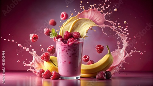 Refreshing Berry Banana Smoothie Splash A vibrant image showcasing a delicious blend of ripe bananas and raspberries, perfectly captured in a dynamic moment of a delightful smoothie splash.