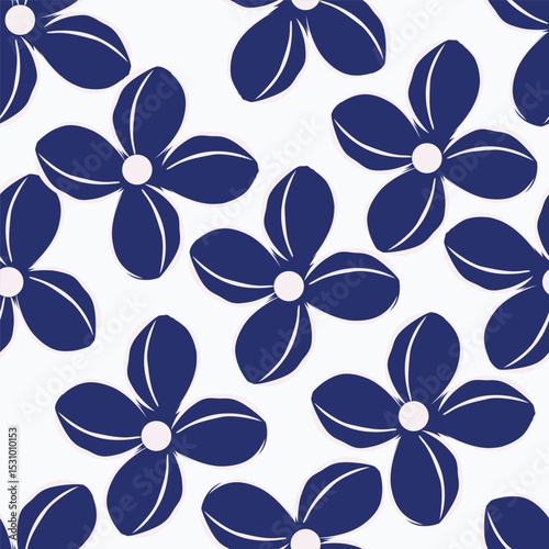 Blue and white floral seamless pattern flowers, twigs, leaves, buds. Hand painted vintage floral illustration isolated on navy background