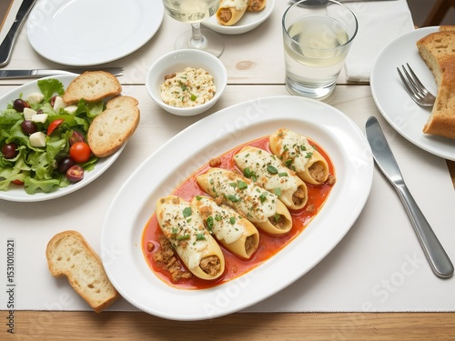 A table setting with cannelloni in tomato sauce, salad, bread, and a glass of white wine served