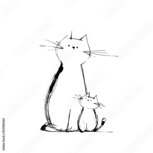 The silhouette set of a cat and kitten has a modern design on a white background