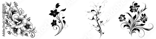 A design element featuring flowers and swirls in silhouette form is depicted in black