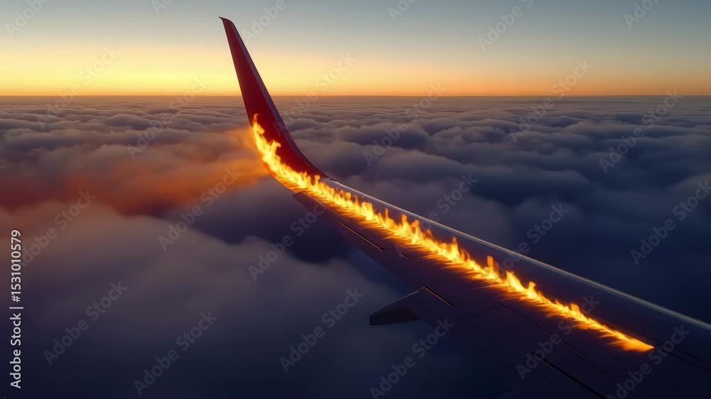 A plane wing cuts through the clouds during sunset, showcasing a captivating blend of colors and light along the wing