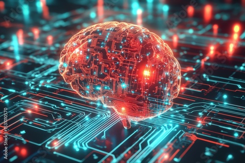 A digital representation of a human brain over a circuit board.
