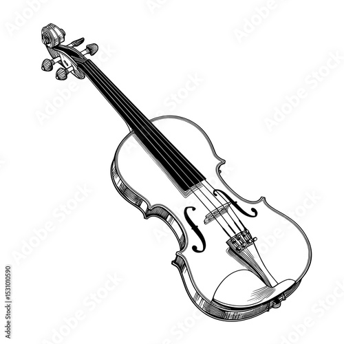 An image of a modern acoustic violin or fiddle presented on a white background