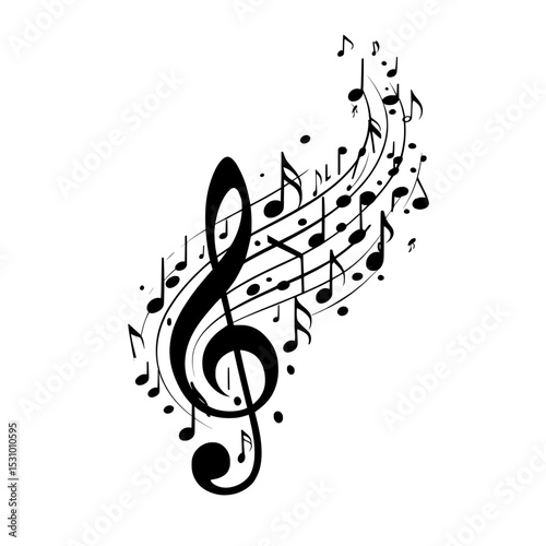 A musical dot represented in abstract form with black notes set against a white background