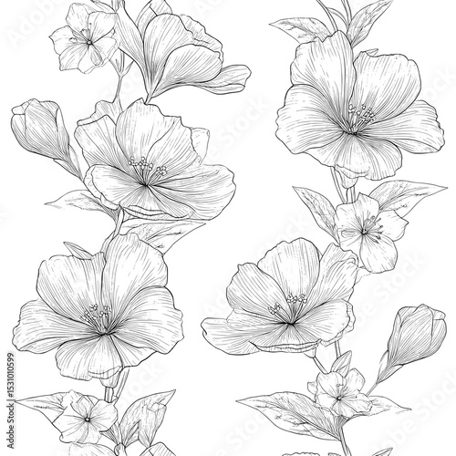 A seamless black lace pattern featuring flowers set against a white backdrop, suitable for various design applications including wallpapers and packaging