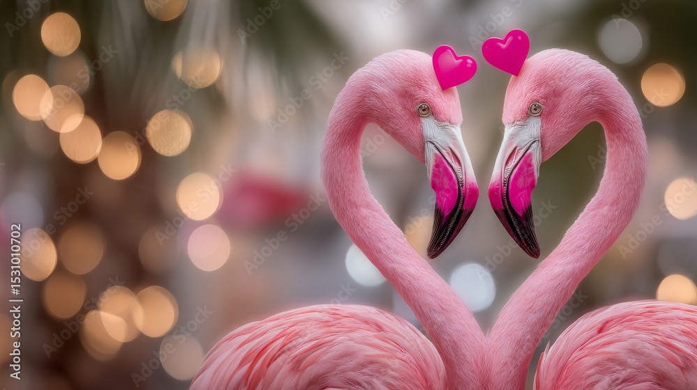 Naklejka premium Pink flamingos are wading in the water beneath the warm sunlight of a tropical paradise, evoking themes of nature and tourism