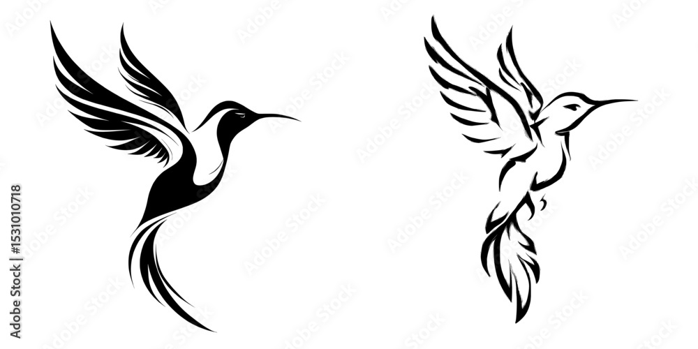Obraz premium Black and white silhouette illustration of a hummingbird, characterized as a modern depiction of a small bird