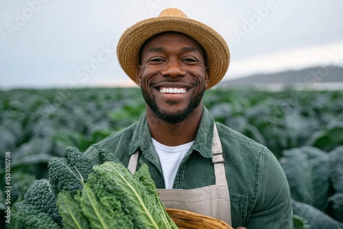 A smiling farmer in a rural field holds a basket overflowing with fresh green vegetables, symbolizing the principles of sustainable agriculture and organic farming