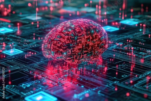 Digital brain over a complex circuit board.