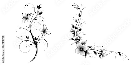 floral swirls - set of fine modern outlines - black design elements over white’ is now ‘black design elements forming floral swirls with fine modern outlines on a white base