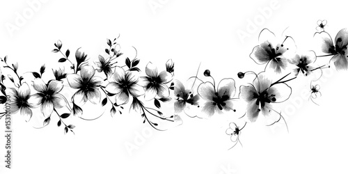A modern seamless border featuring horizontal black and white flowers