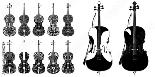 Modern illustration of a cello in gold and black hues, depicted vertically as an isolated orchestra string instrument on a white background