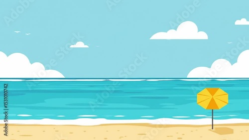 Beautiful summer beach scene illustration featuring a yellow umbrella perfect for holiday or vacation background